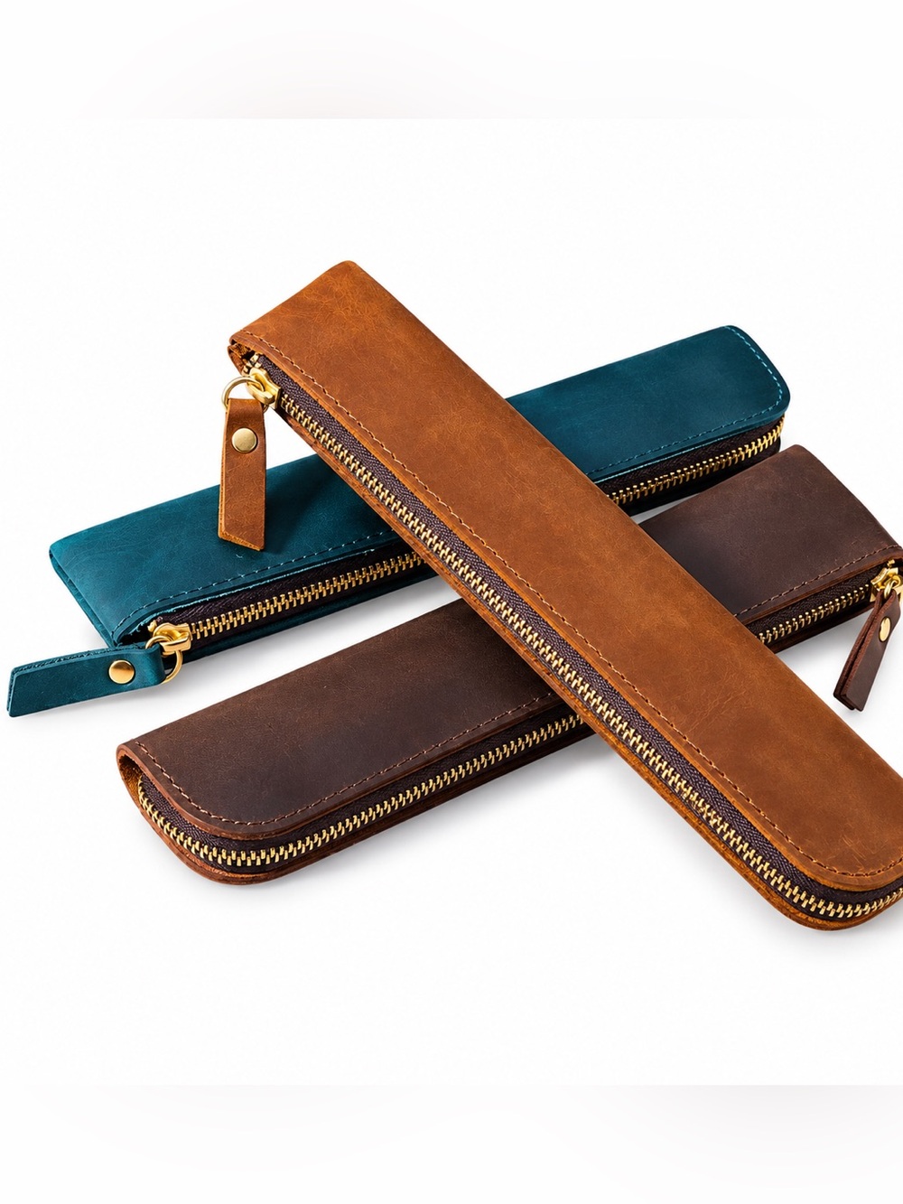 Cowhide Leather Zipper Pen Case - Brown, Teal, Dark Brown